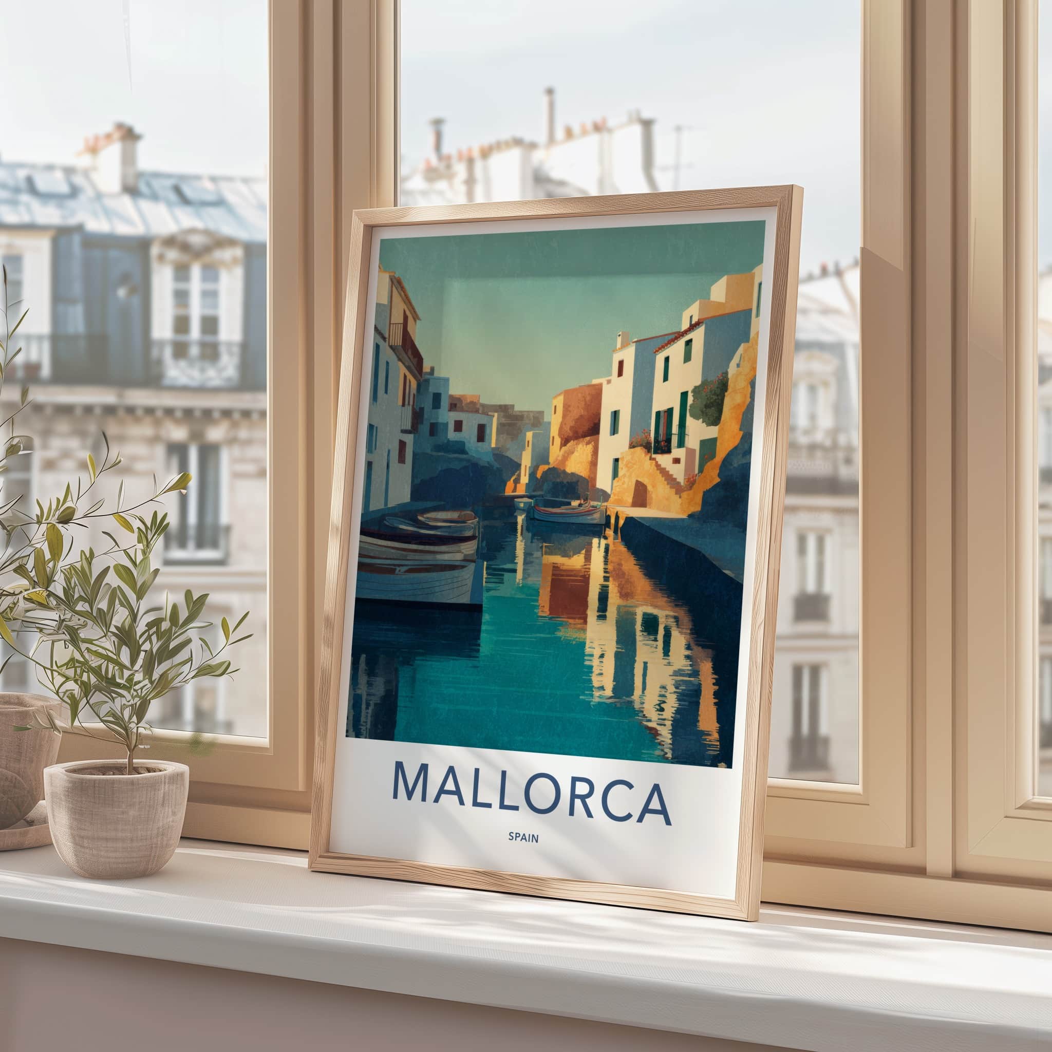 Mallorca Poster - Spain Travel Art - Coastal Village Boats Home Decor