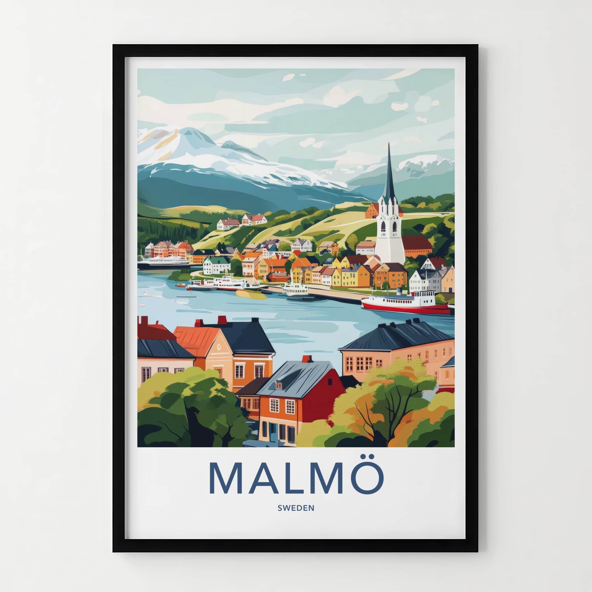 Malmo Poster - Sweden Travel Art - Scenic Waterfront Village Home Decor