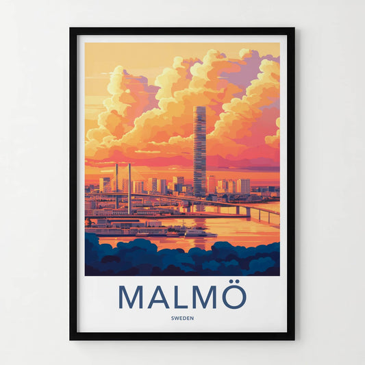 Malmo Poster - Sweden Travel Art - Sunset Cityscape Bridge Home Decor