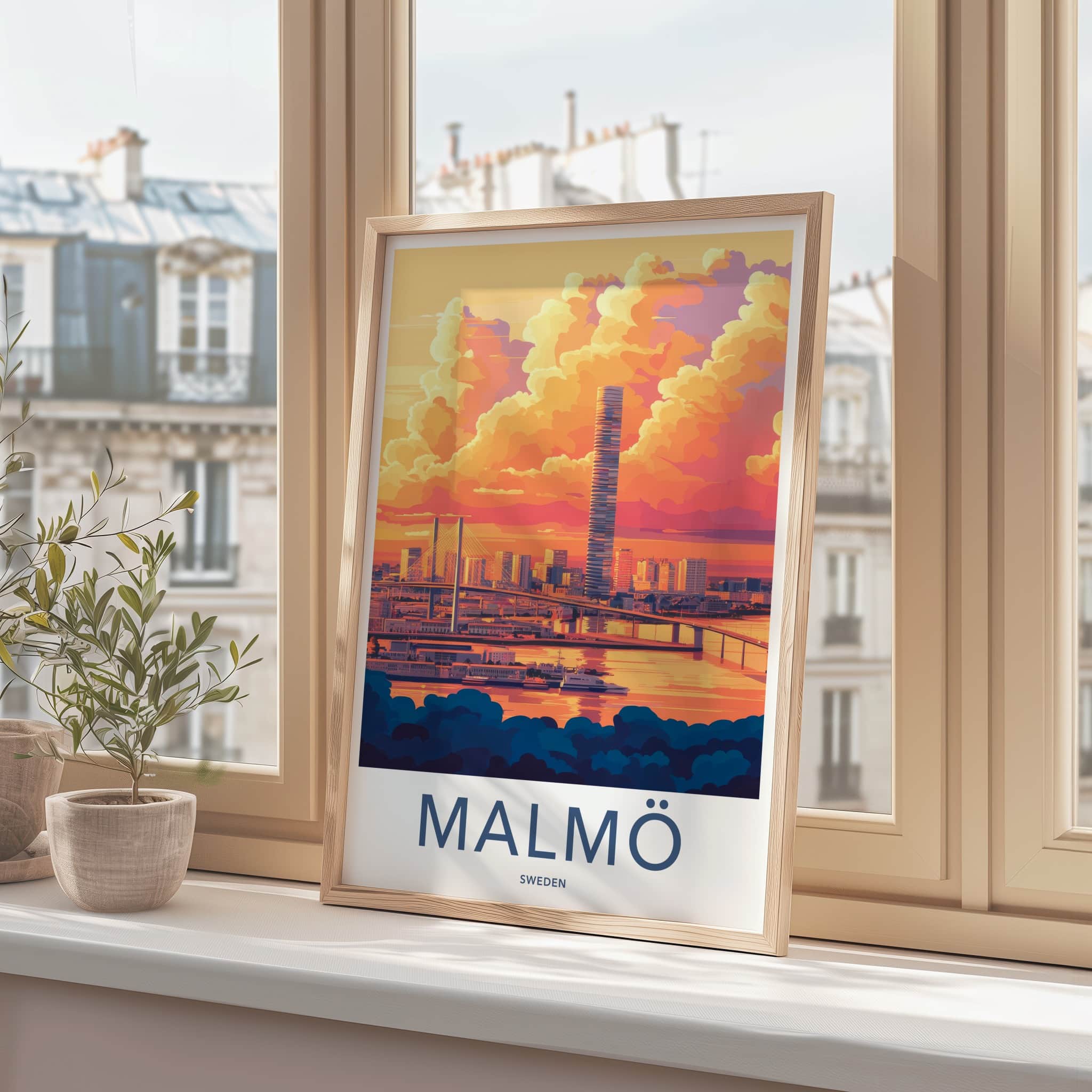 Malmo Poster - Sweden Travel Art - Sunset Cityscape Bridge Home Decor