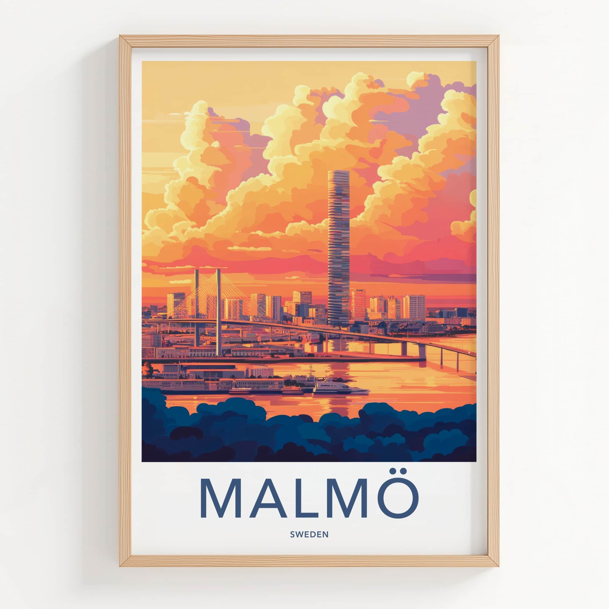 Malmo Poster - Sweden Travel Art - Sunset Cityscape Bridge Home Decor