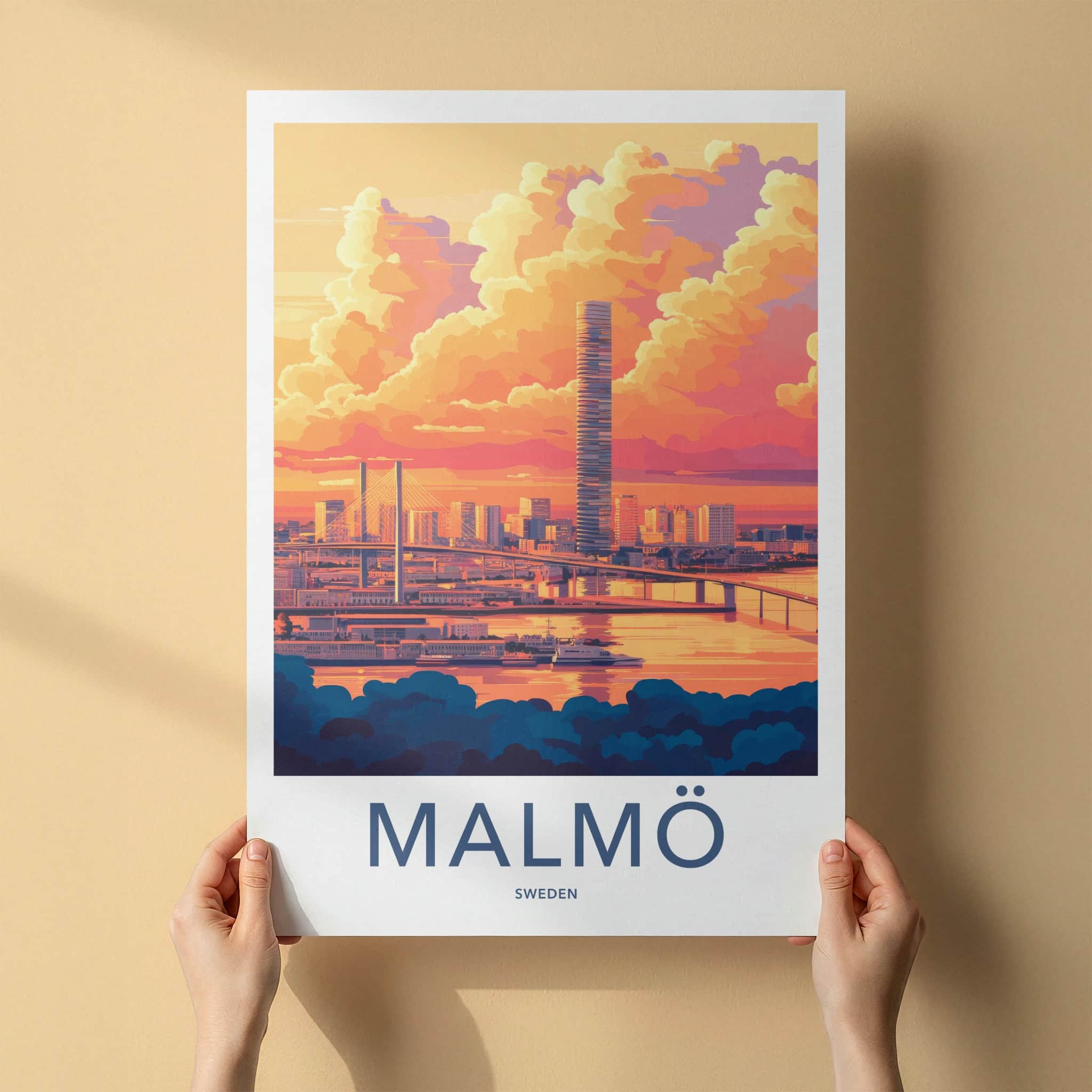 Malmo Poster - Sweden Travel Art - Sunset Cityscape Bridge Home Decor