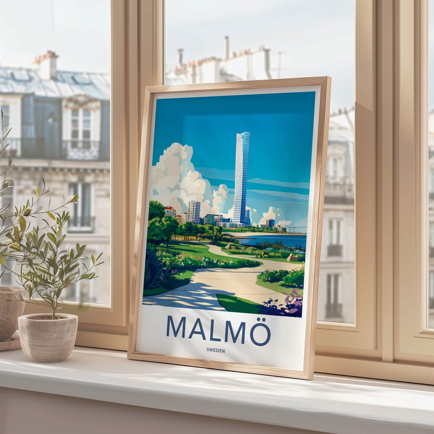 Malmo Poster - Sweden Travel Print - Architectural Waterfront Park Lounge Decor