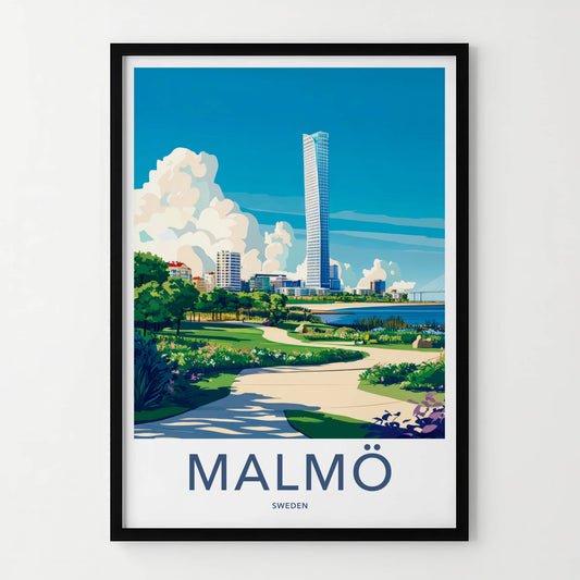 Malmo Poster - Sweden Travel Print - Architectural Waterfront Park Lounge Decor