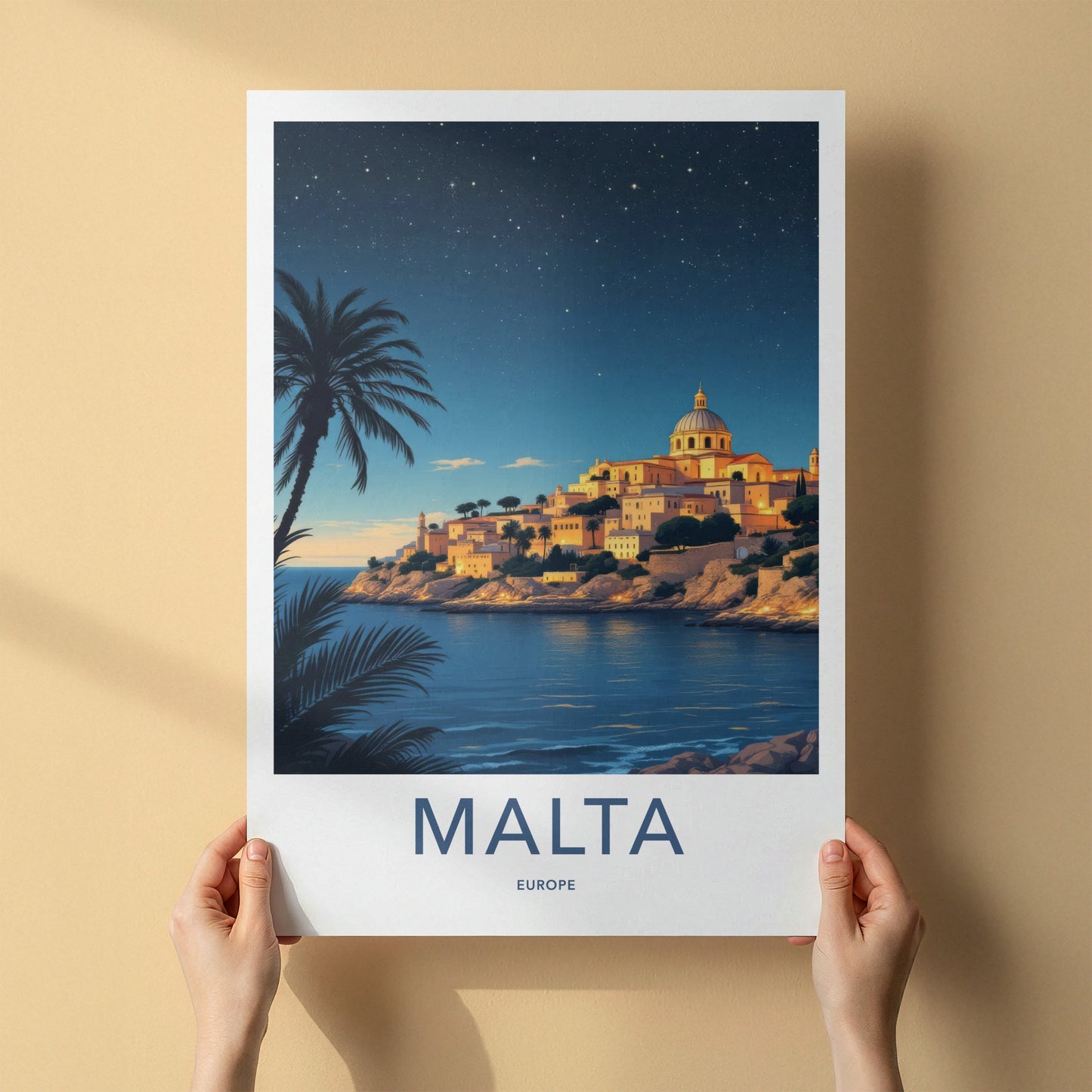 Malta Poster - Europe Travel Art - Coastal Town Starry Home Decor