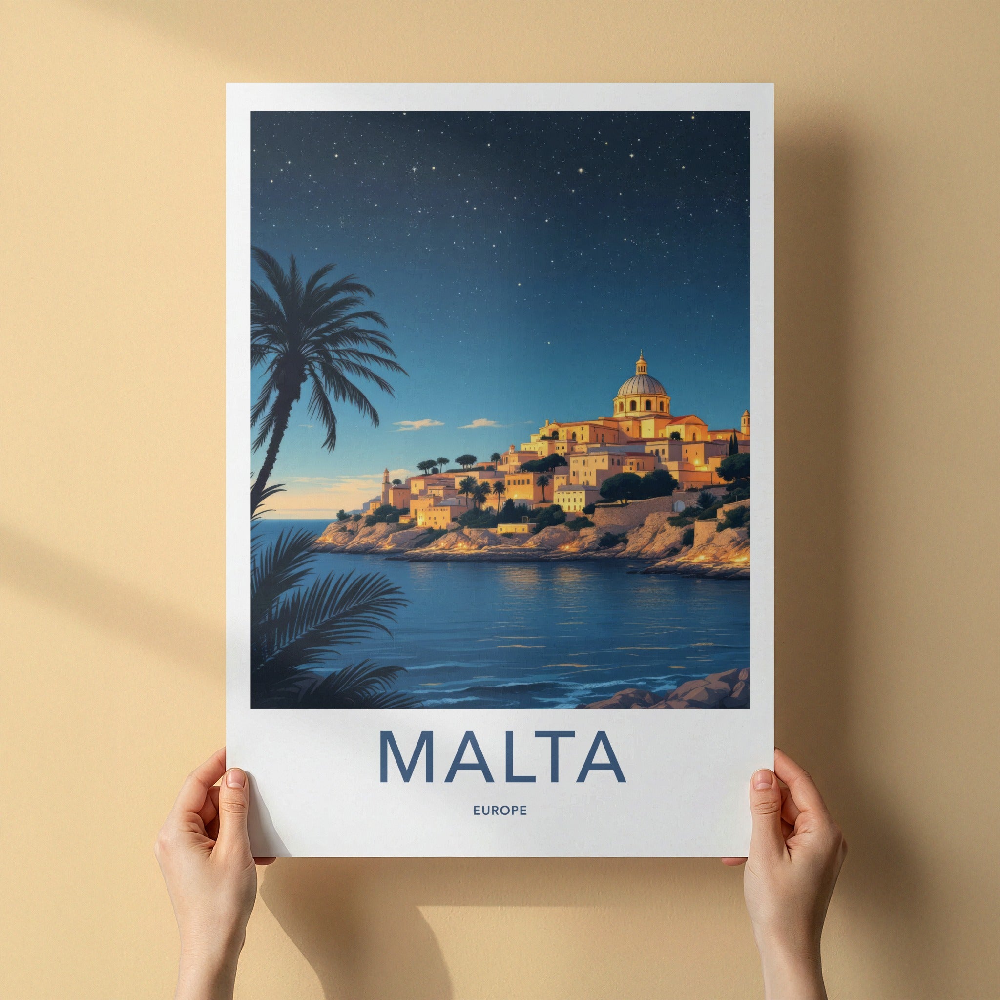 Malta Poster - Europe Travel Art - Coastal Town Starry Home Decor