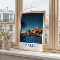 Malta Poster - Europe Travel Art - Coastal Town Starry Home Decor