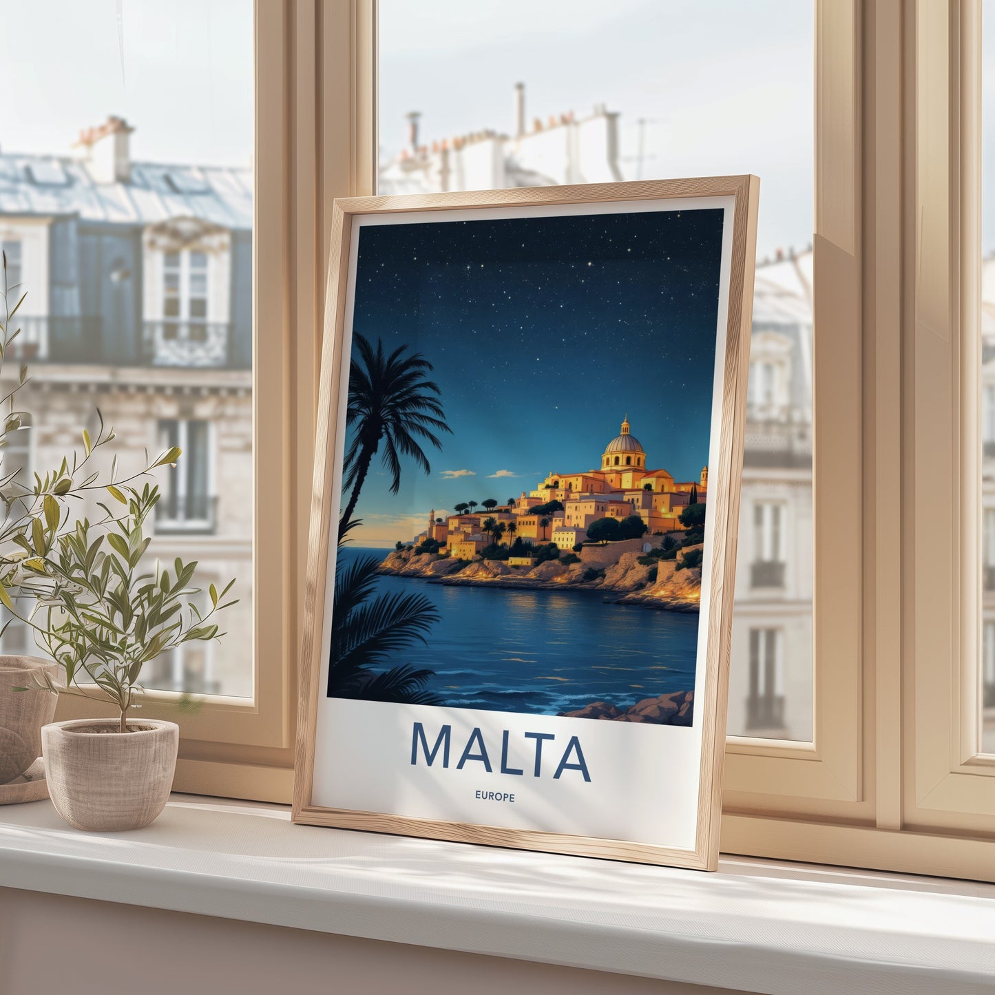 Malta Poster - Europe Travel Art - Coastal Town Starry Home Decor