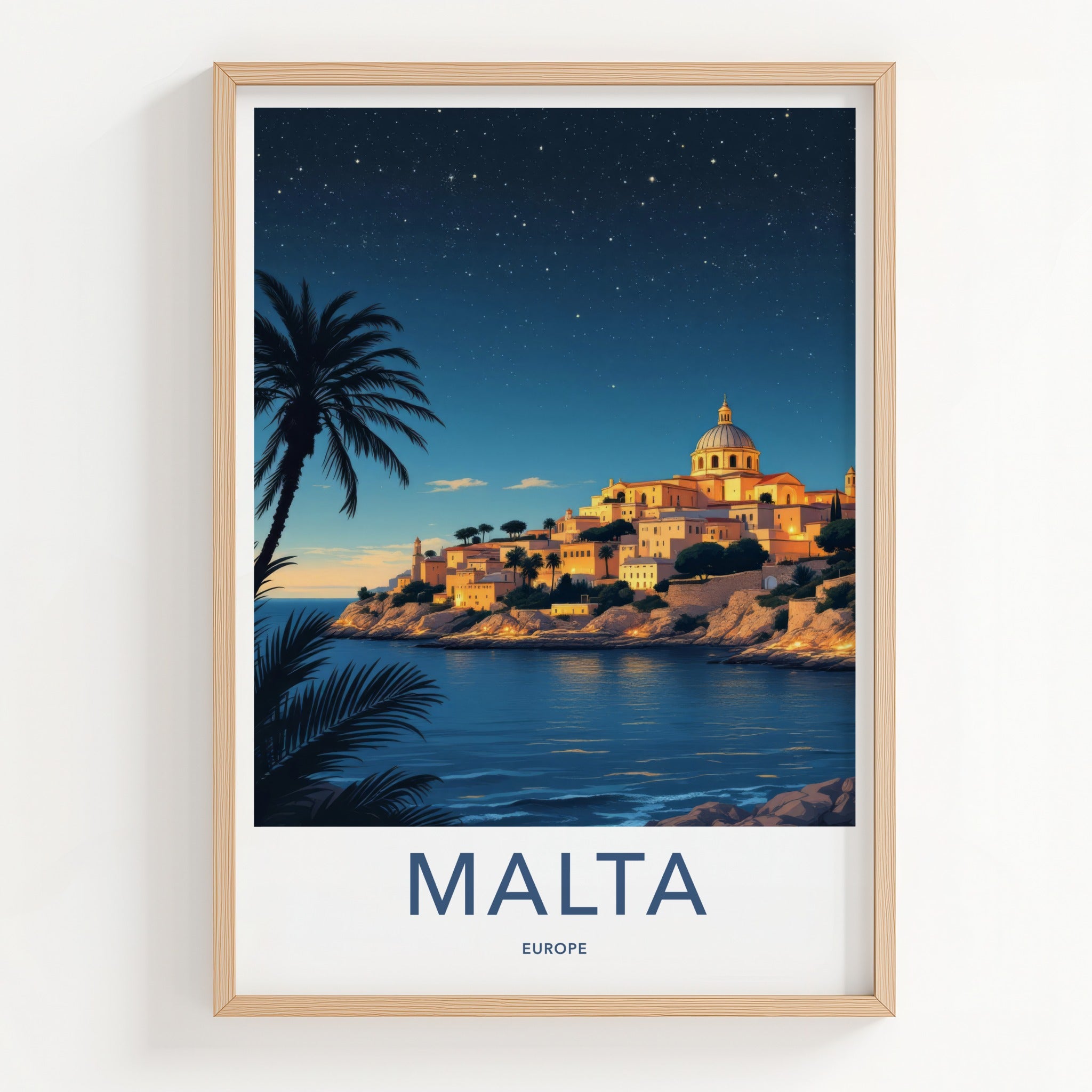 Malta Poster - Europe Travel Art - Coastal Town Starry Home Decor