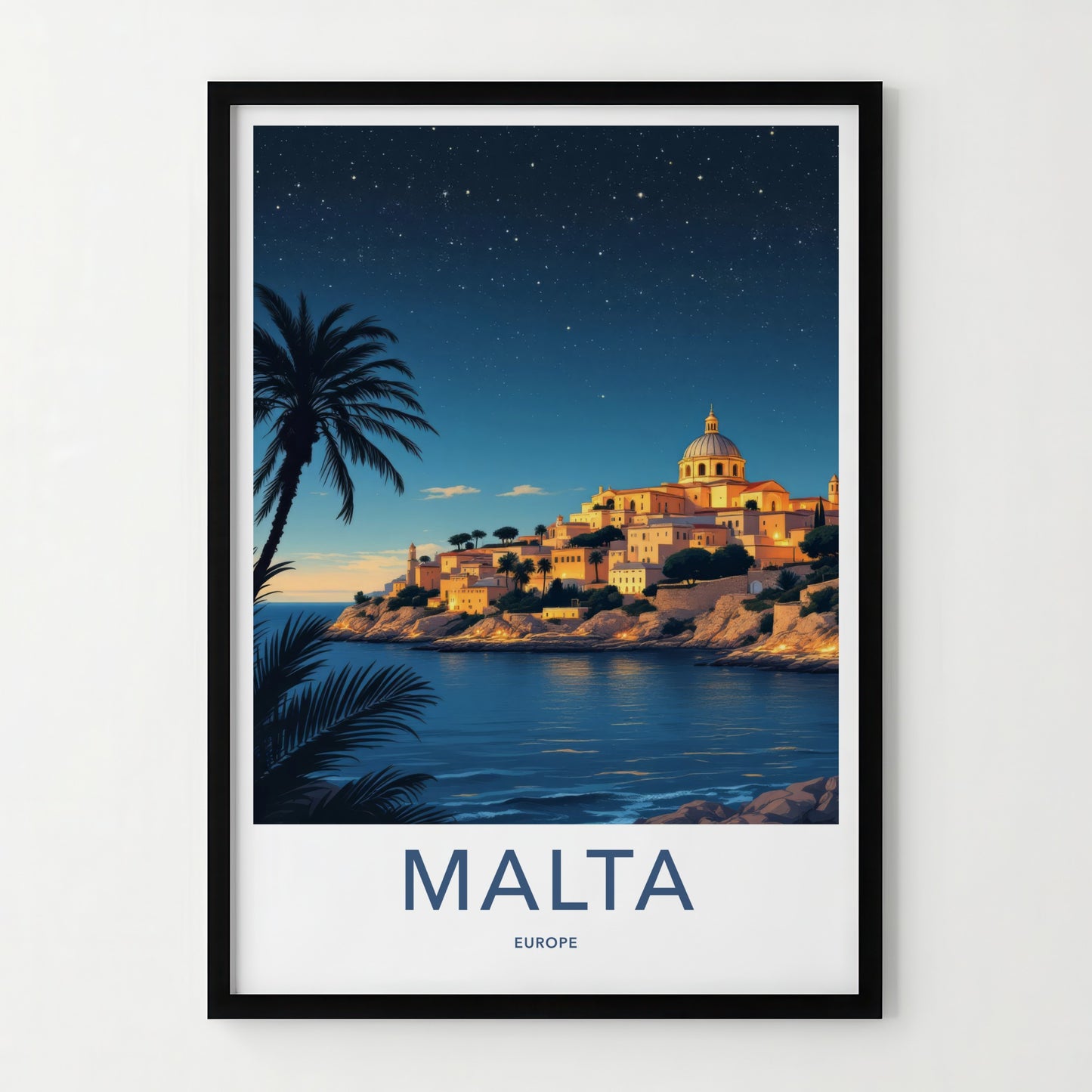 Malta Poster - Europe Travel Art - Coastal Town Starry Home Decor