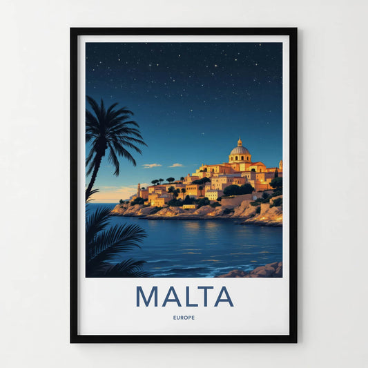 Malta Poster - Europe Travel Art - Coastal Town Starry Home Decor