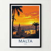 Malta Poster - Europe Travel Print - Vibrant Sunset Harbor Lounge Decor