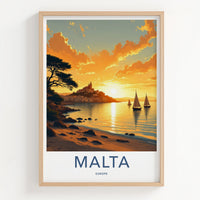 Malta Poster - Malta Travel Art - Golden Sunset Sailing Boats Wall Decor