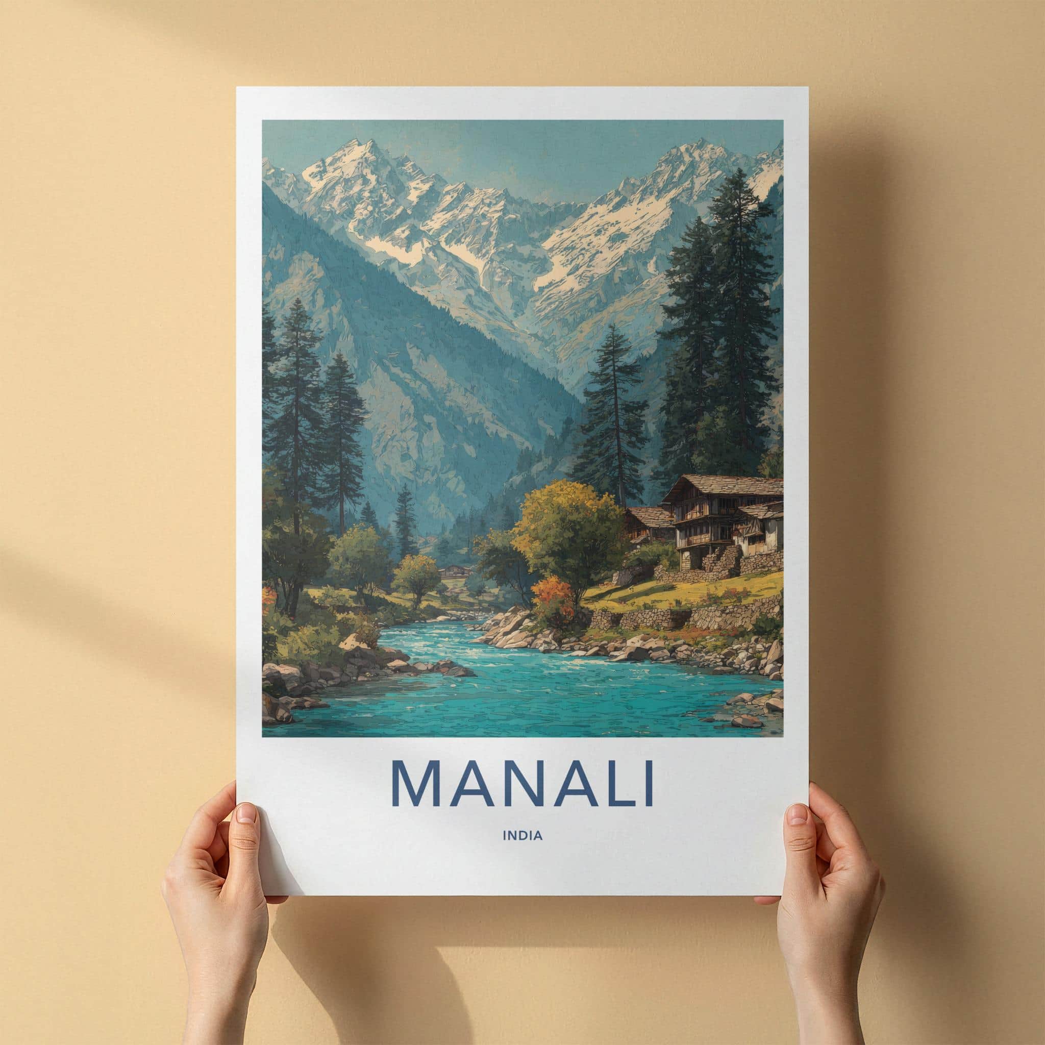 Manali Poster - India Travel Art - Himachal Pradesh Snowy River Valley Home Decor