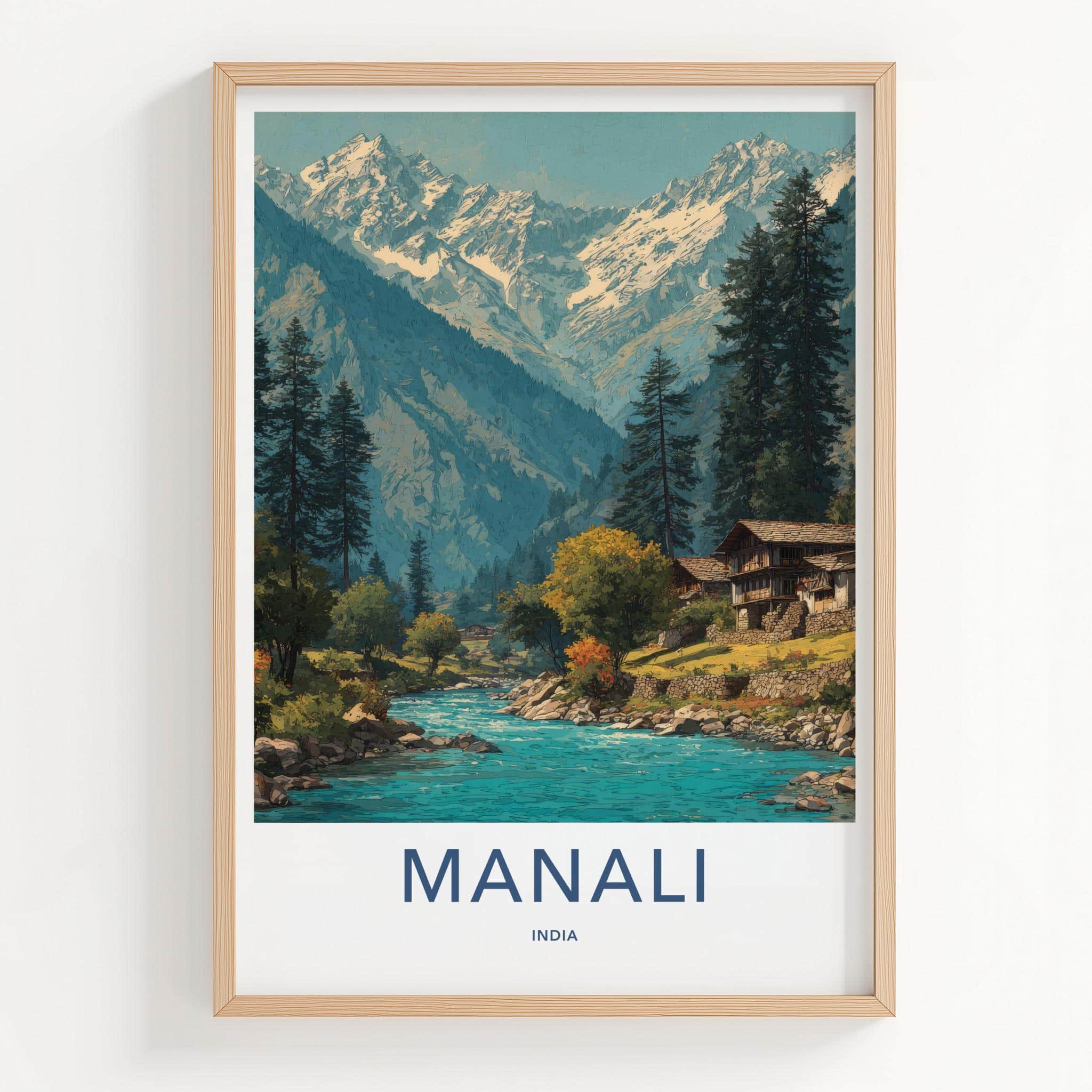 Manali Poster - India Travel Art - Himachal Pradesh Snowy River Valley Home Decor