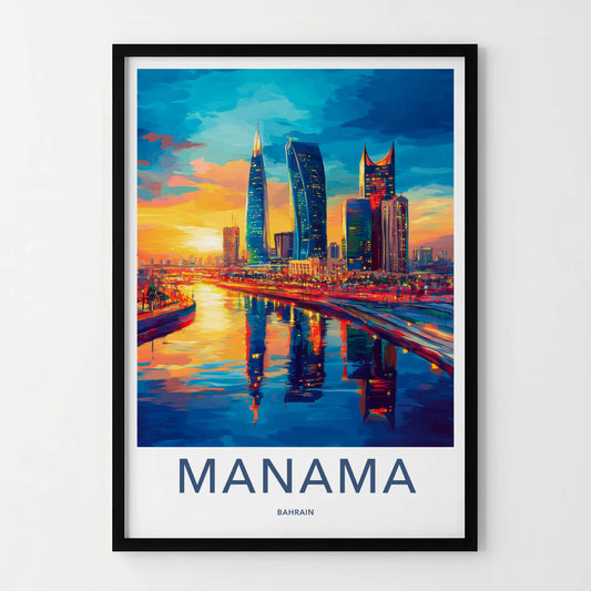 Manama Poster - Bahrain Travel Art - Vibrant Skyline Reflections Home Decor