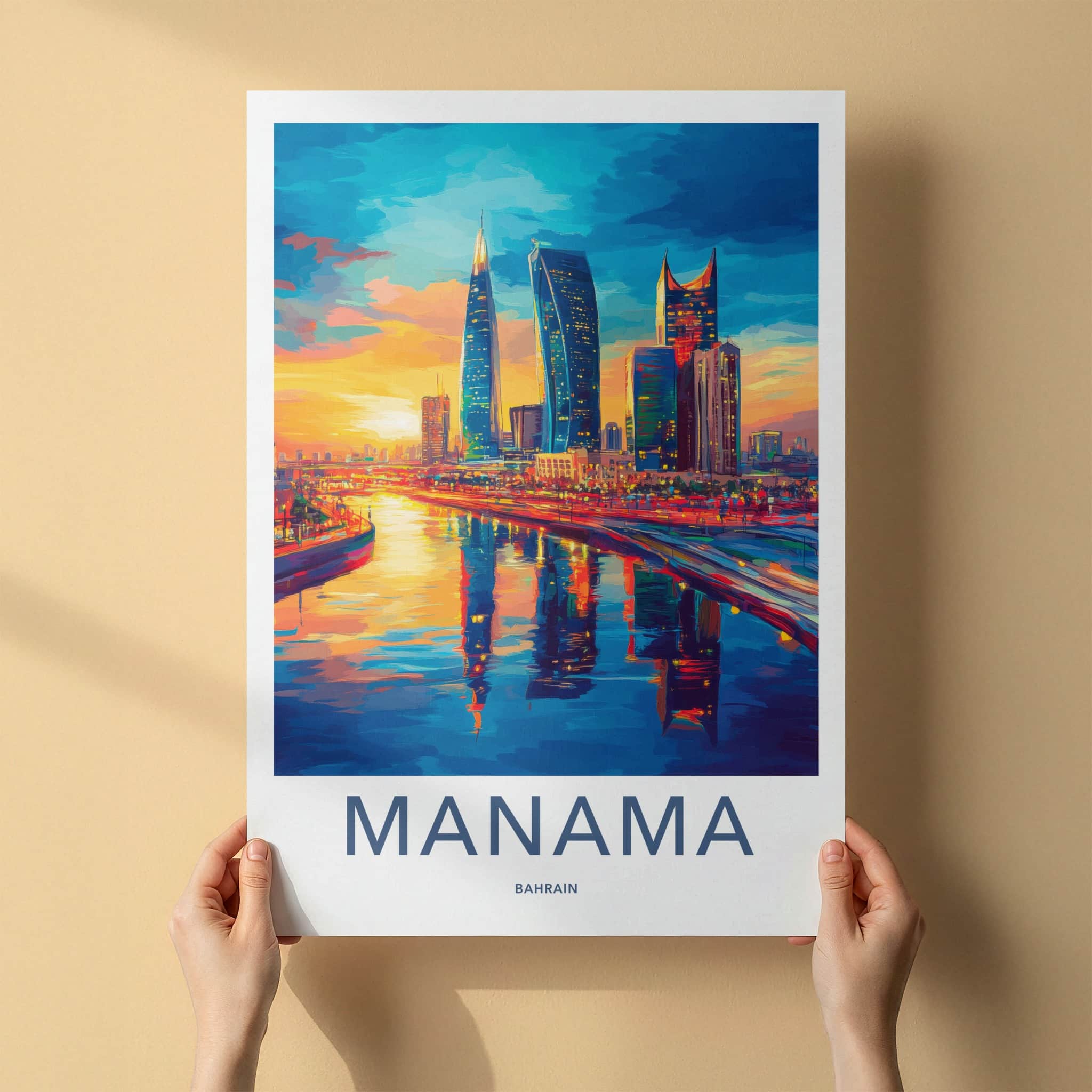 Manama Poster - Bahrain Travel Art - Vibrant Skyline Reflections Home Decor