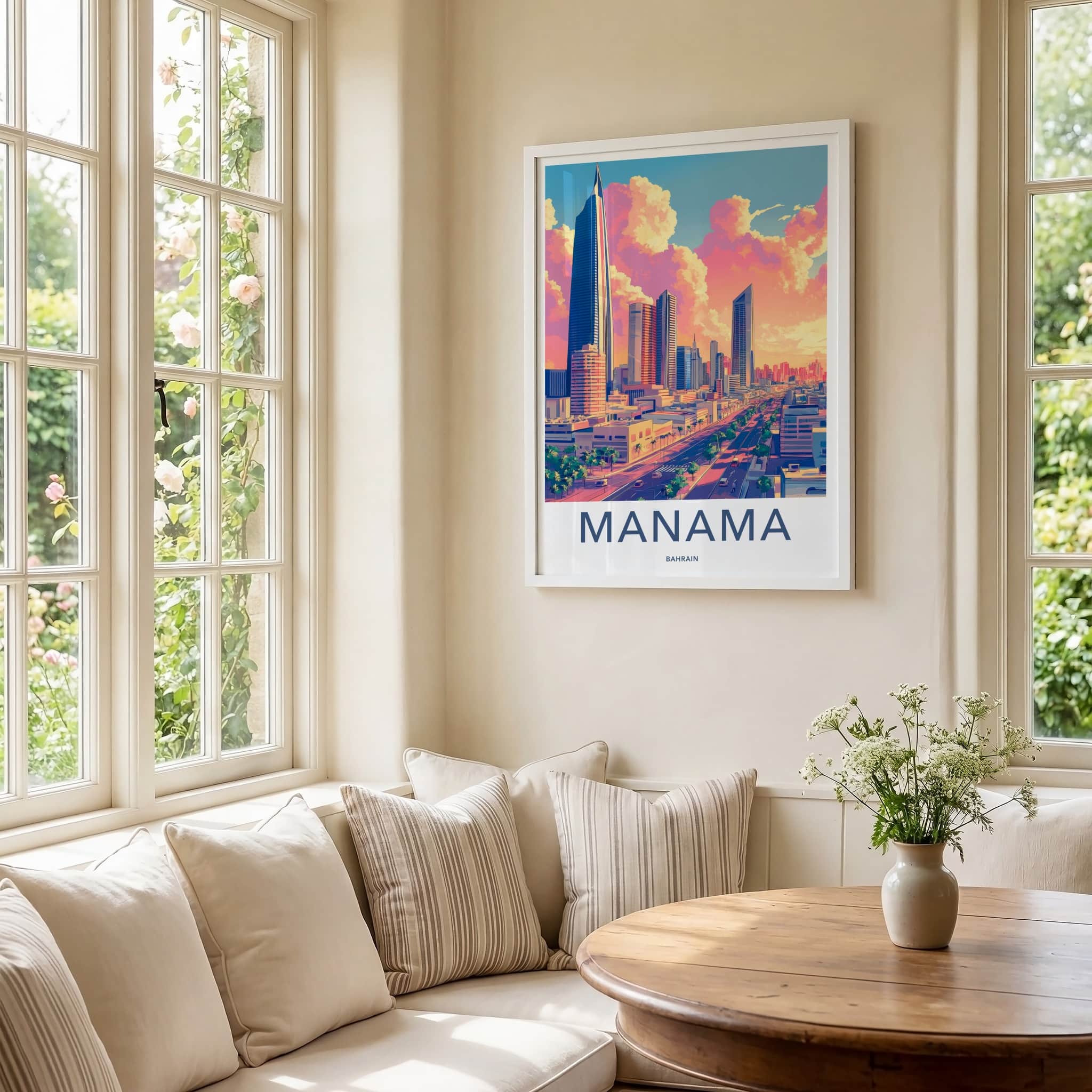 Manama Poster - Bahrain Travel Print - Vibrant City Sunset Home Decor