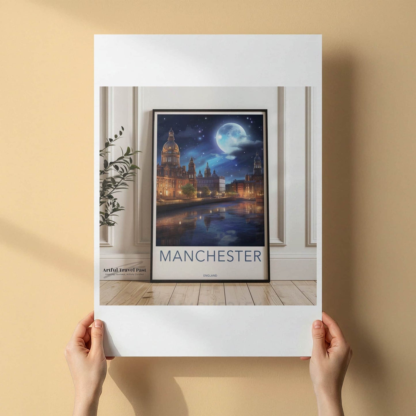 Manchester Poster - England Travel Art - Moonlit City River Reflections Home Decor