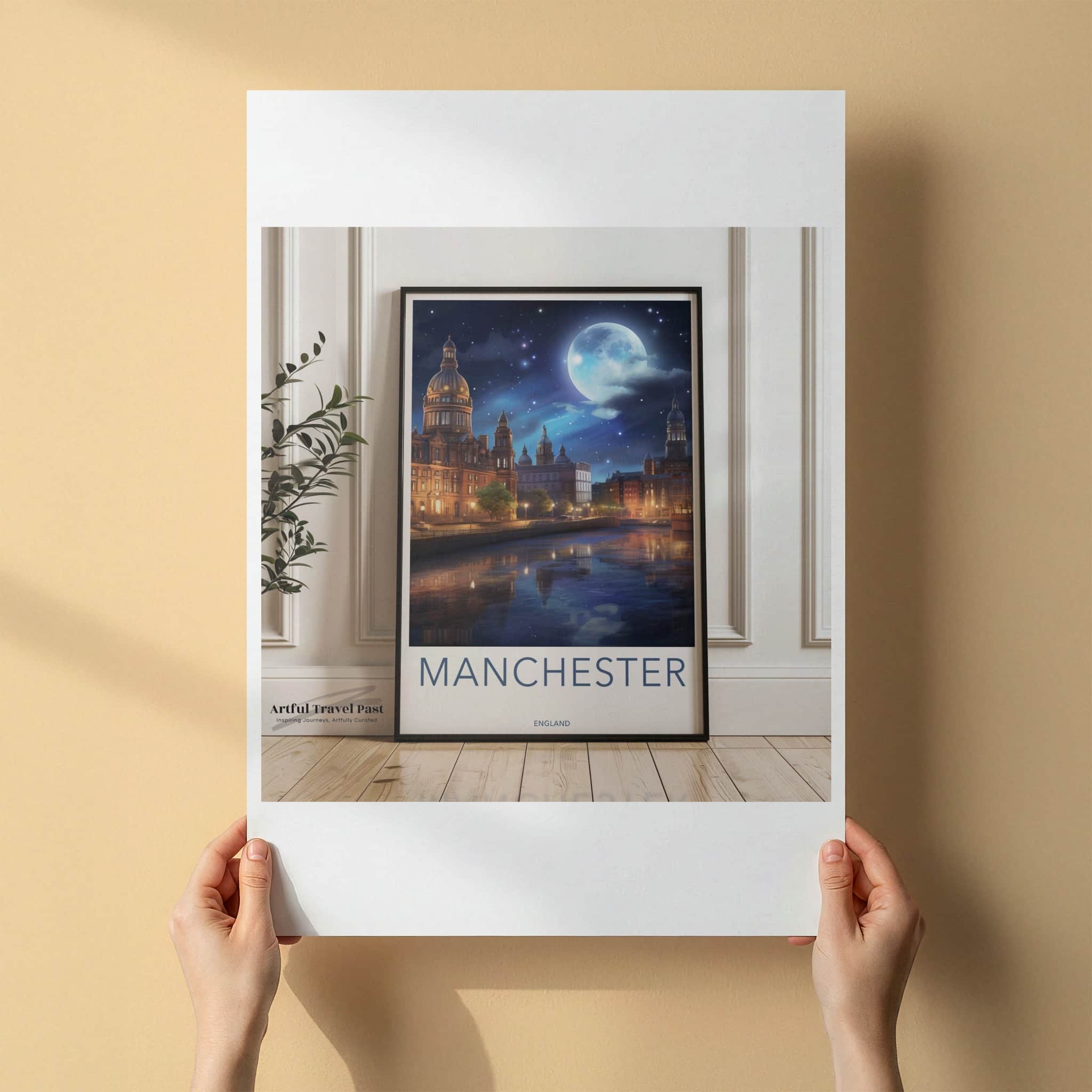 Manchester Poster - England Travel Art - Moonlit City River Reflections Home Decor