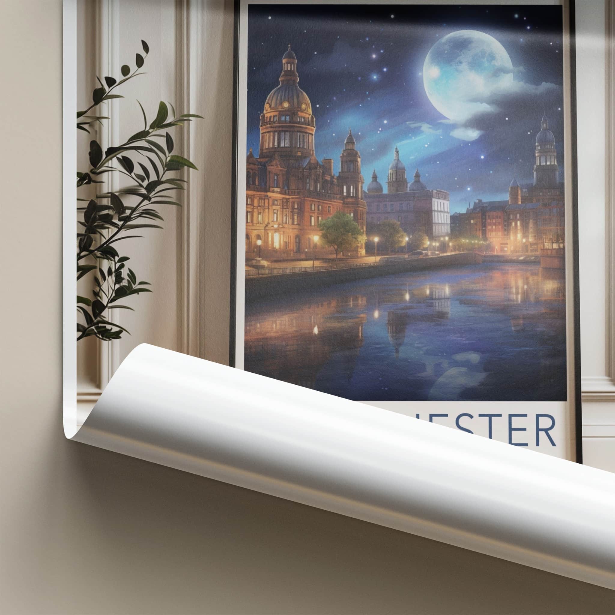 Manchester Poster - England Travel Art - Moonlit City River Reflections Home Decor