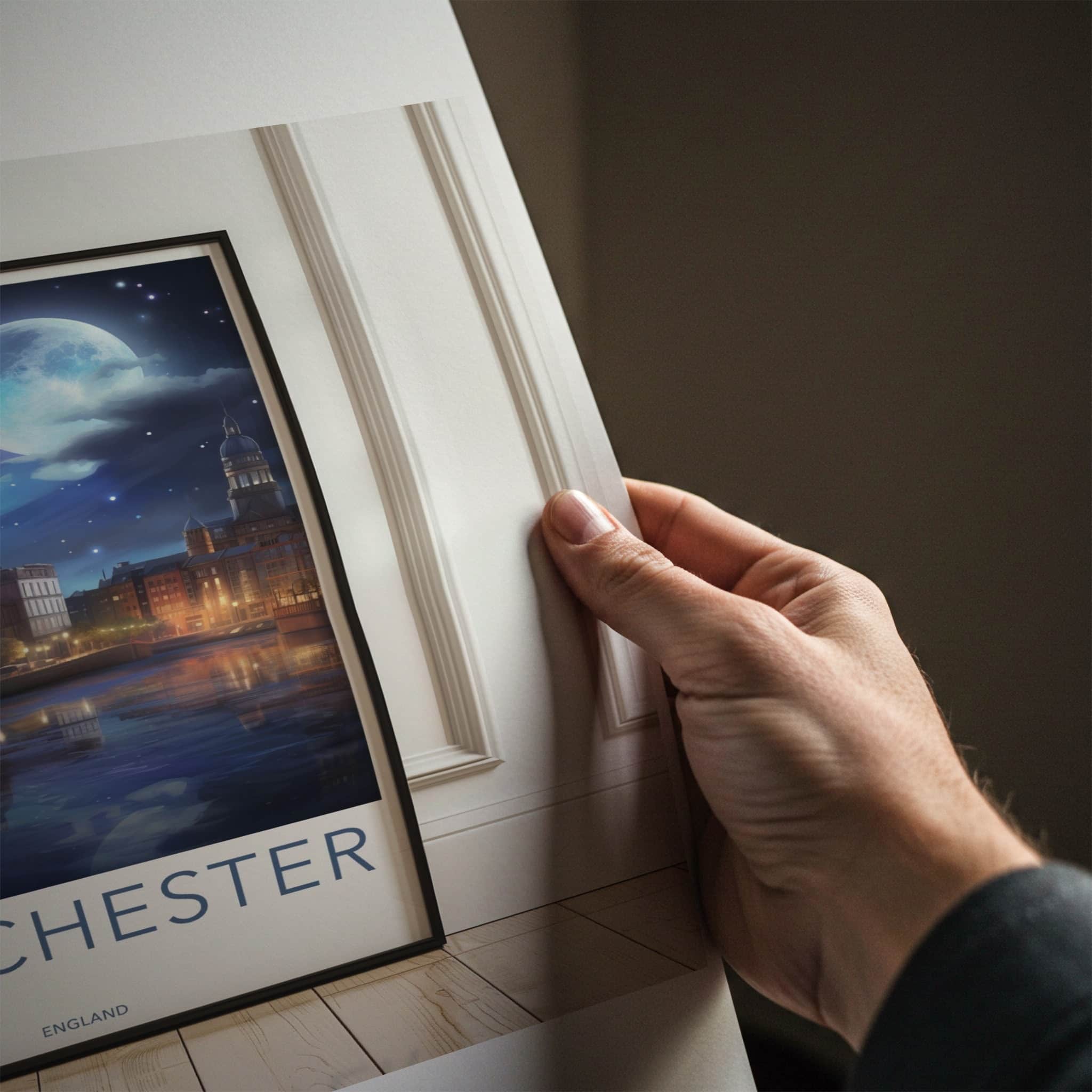 Manchester Poster - England Travel Art - Moonlit City River Reflections Home Decor