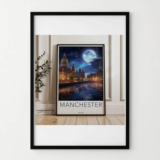 Manchester Poster - England Travel Art - Moonlit City River Reflections Home Decor