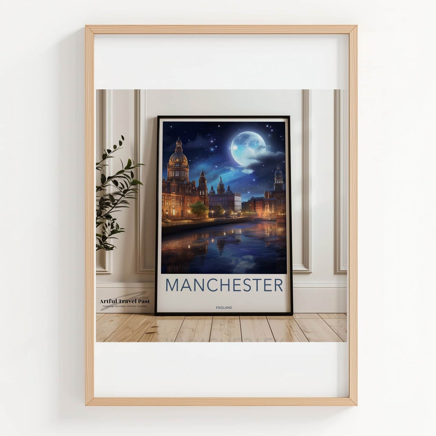 Manchester Poster - England Travel Art - Moonlit City River Reflections Home Decor