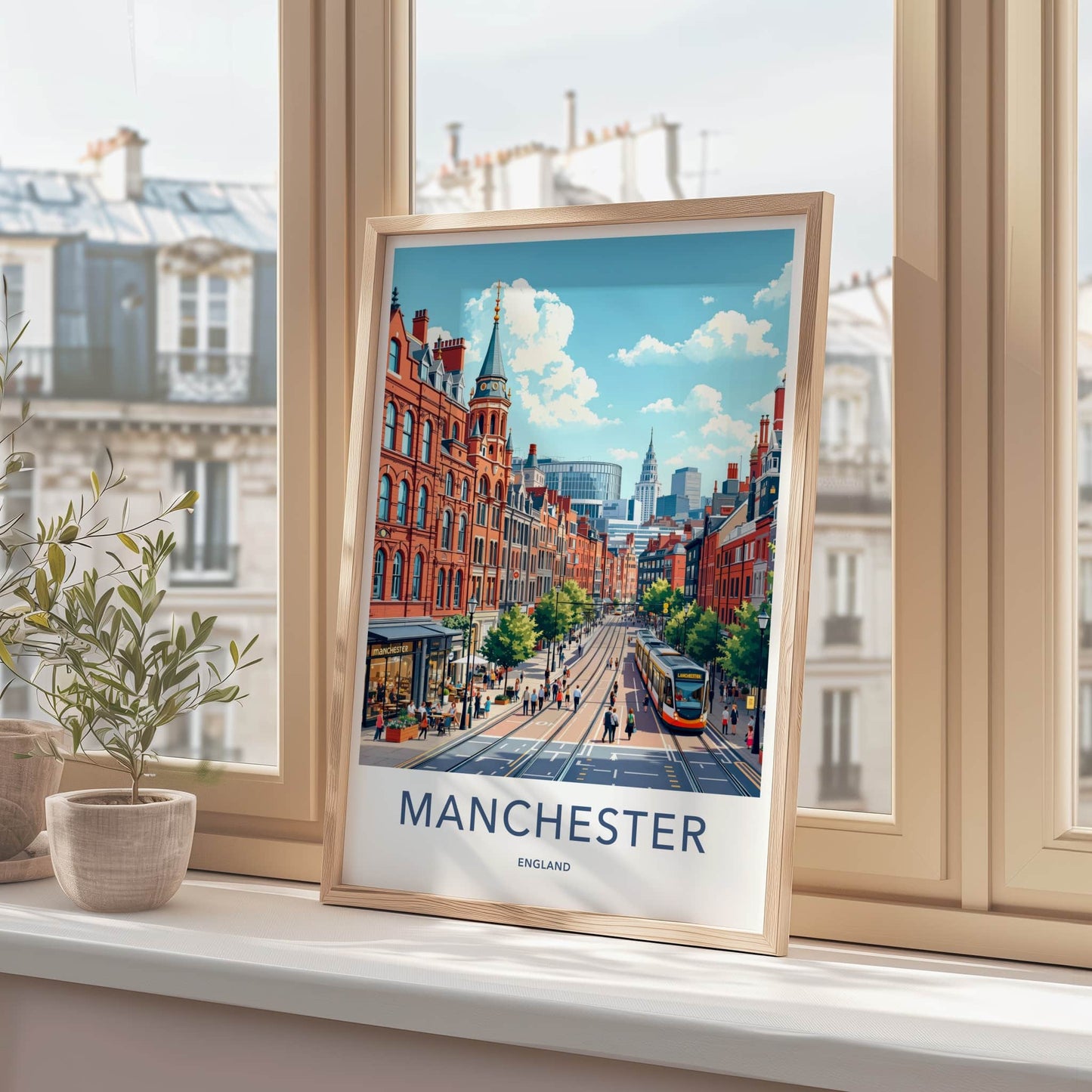 Manchester Poster - England Travel Art - Urban Tram Scene Home Decor