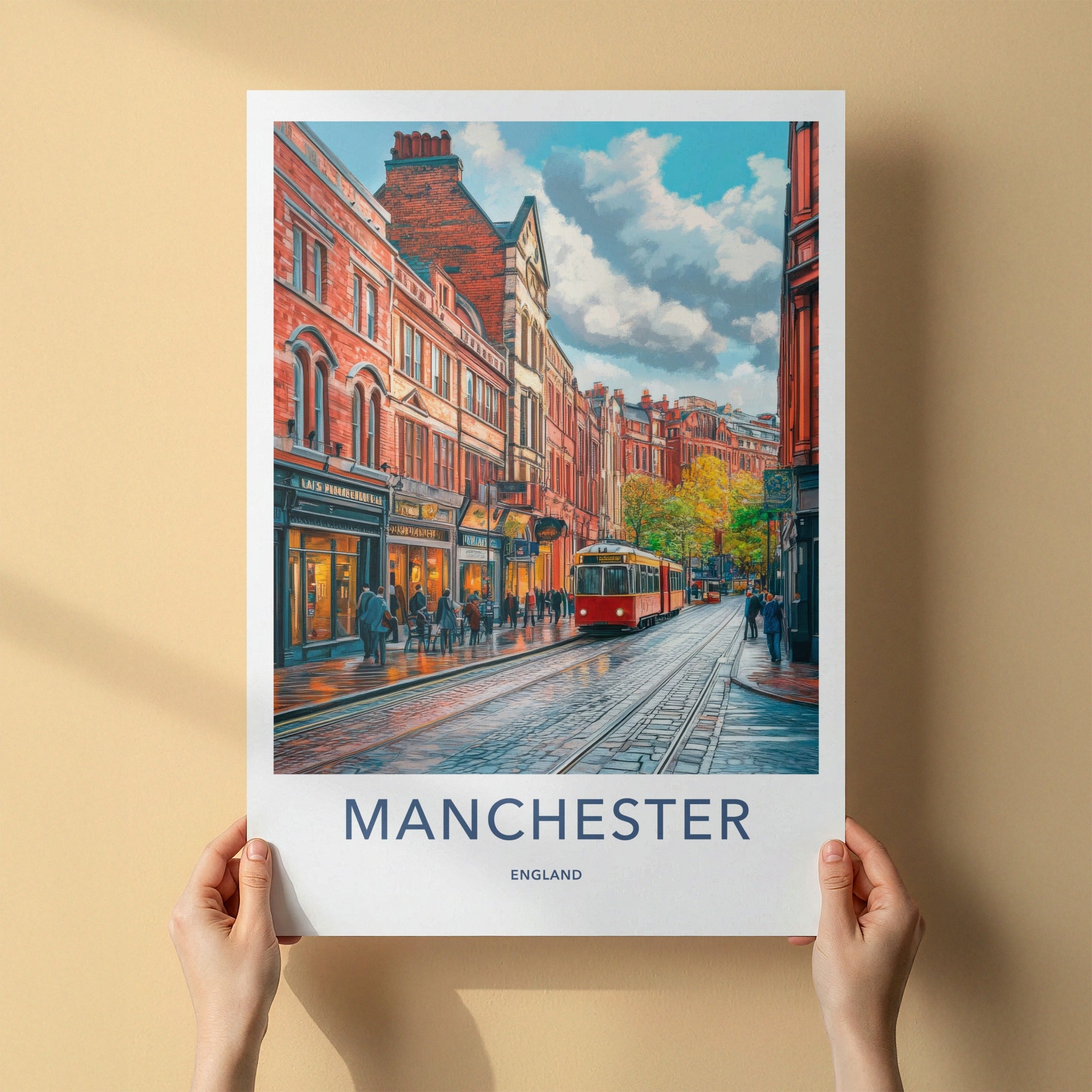 Manchester Poster - England Travel Art - Wet Cobblestone Tram Home Decor