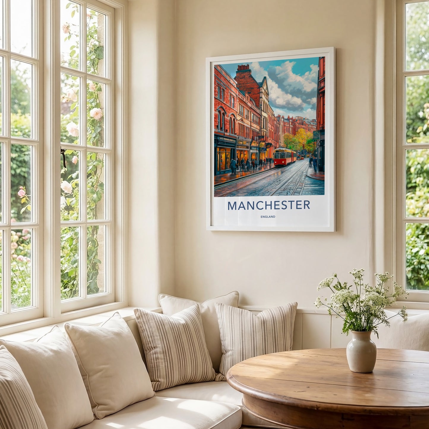 Manchester Poster - England Travel Art - Wet Cobblestone Tram Home Decor