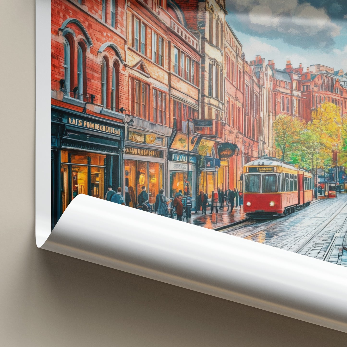 Manchester Poster - England Travel Art - Wet Cobblestone Tram Home Decor