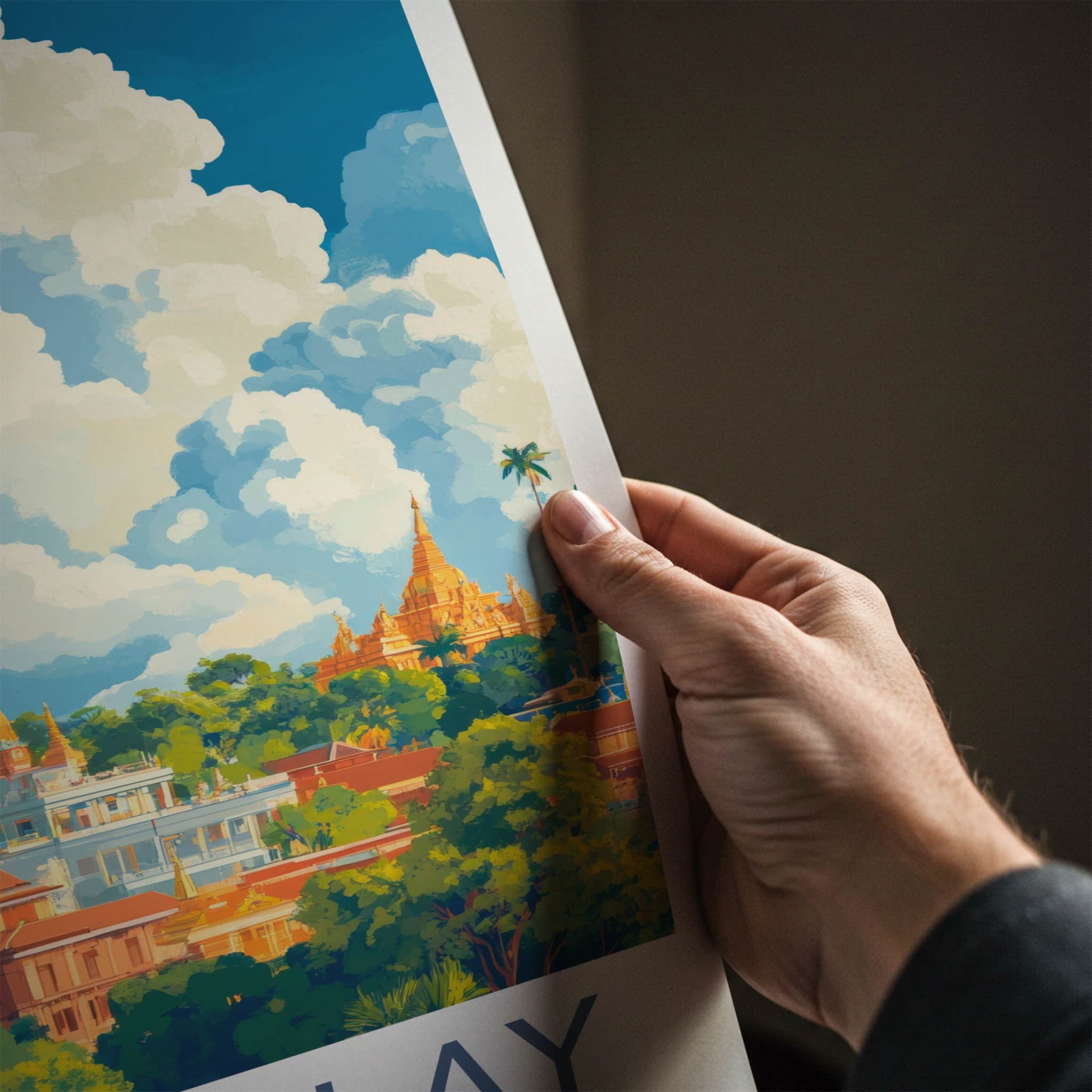 Mandalay Poster - Myanmar Travel Art - Golden Pagoda Clouds Wall Decor