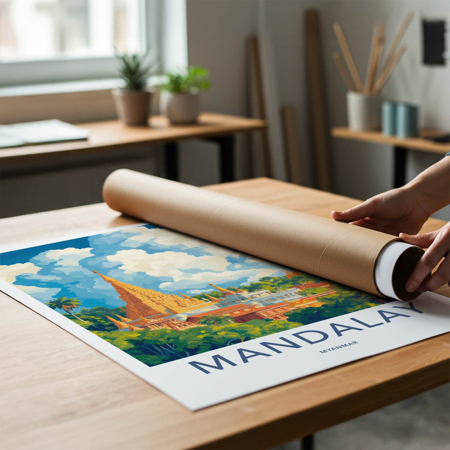 Mandalay Poster - Myanmar Travel Art - Golden Pagoda Clouds Wall Decor