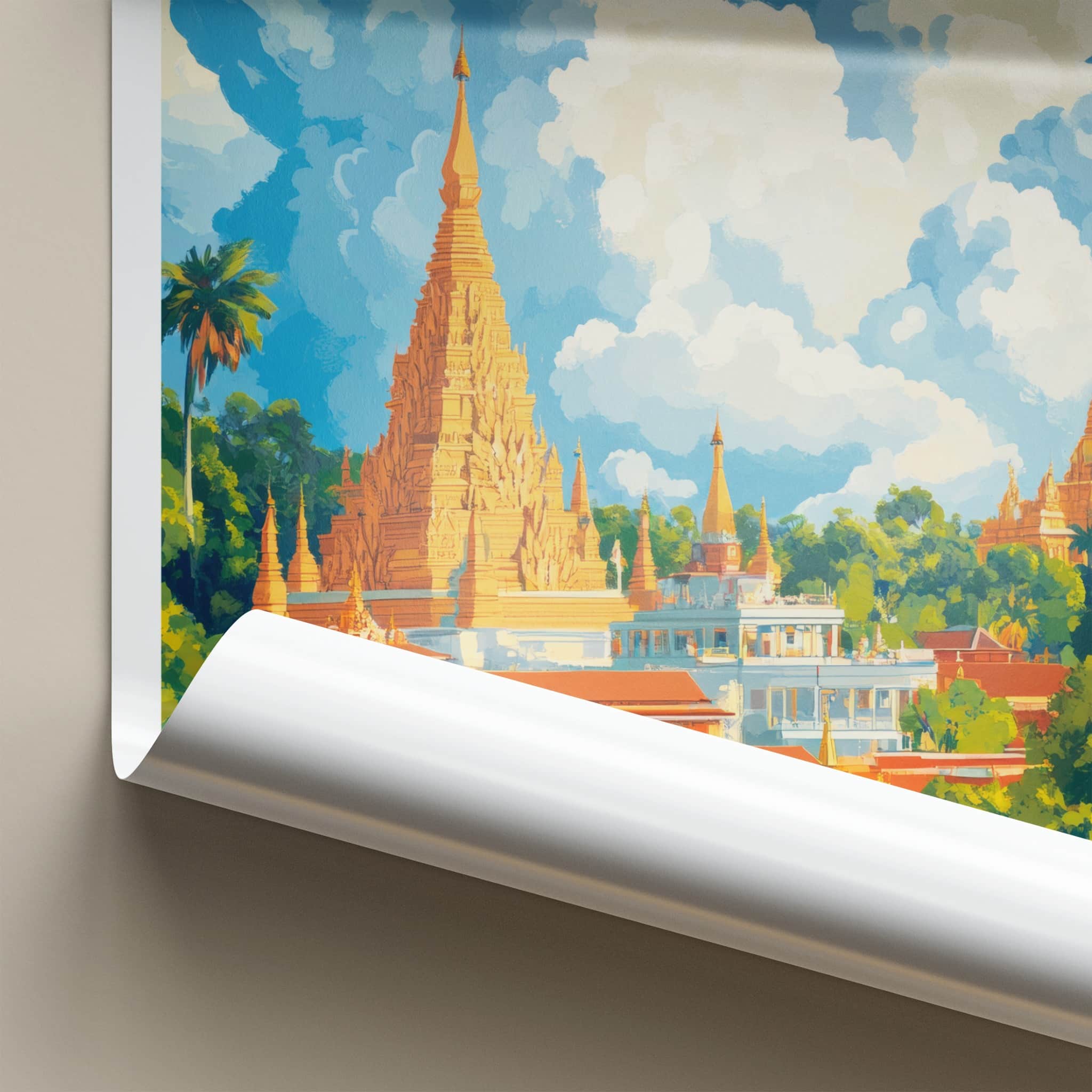 Mandalay Poster - Myanmar Travel Art - Golden Pagoda Clouds Wall Decor