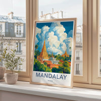 Mandalay Poster - Myanmar Travel Art - Golden Pagoda Clouds Wall Decor