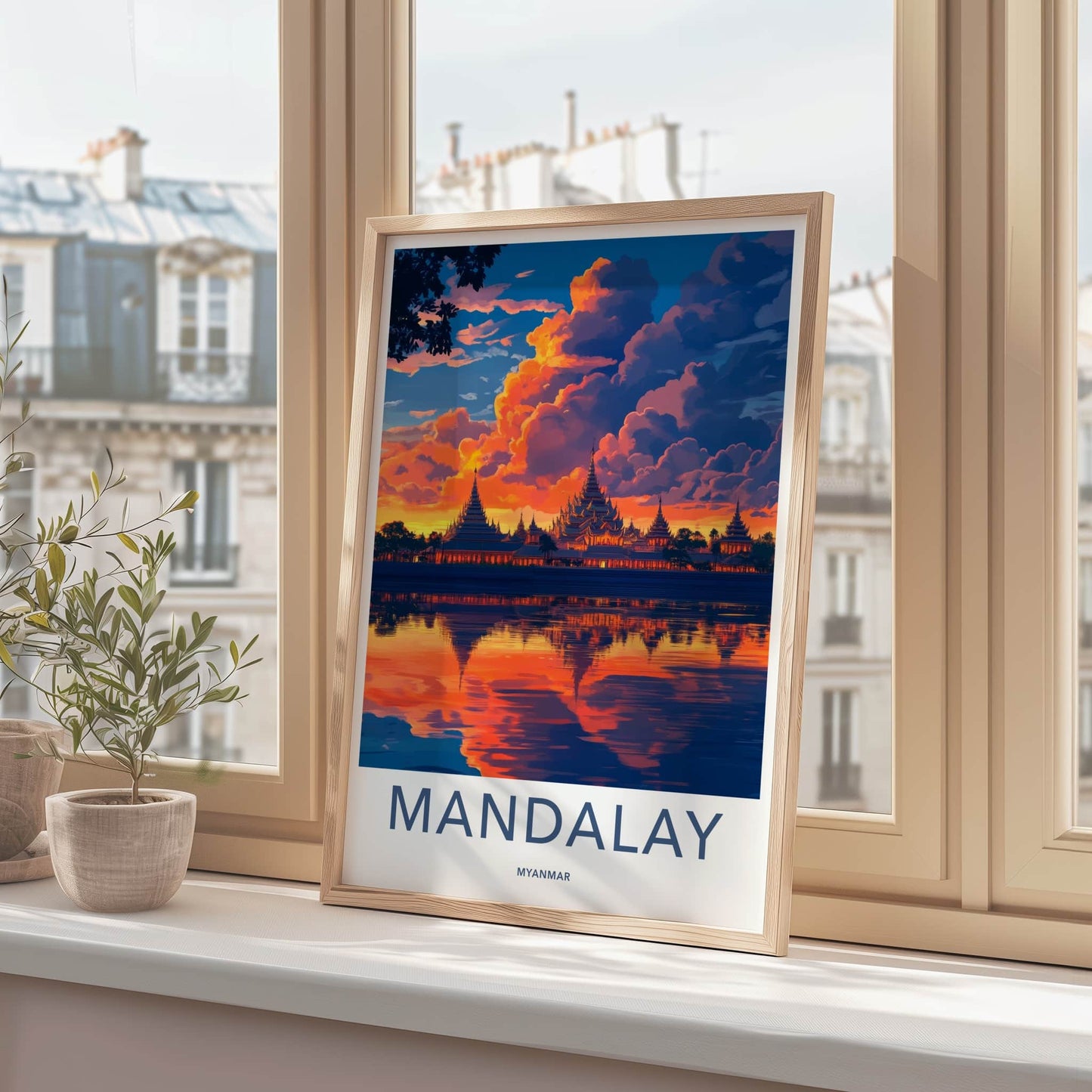 Mandalay Poster - Myanmar Travel Art - Golden Pagoda Reflection Home Decor