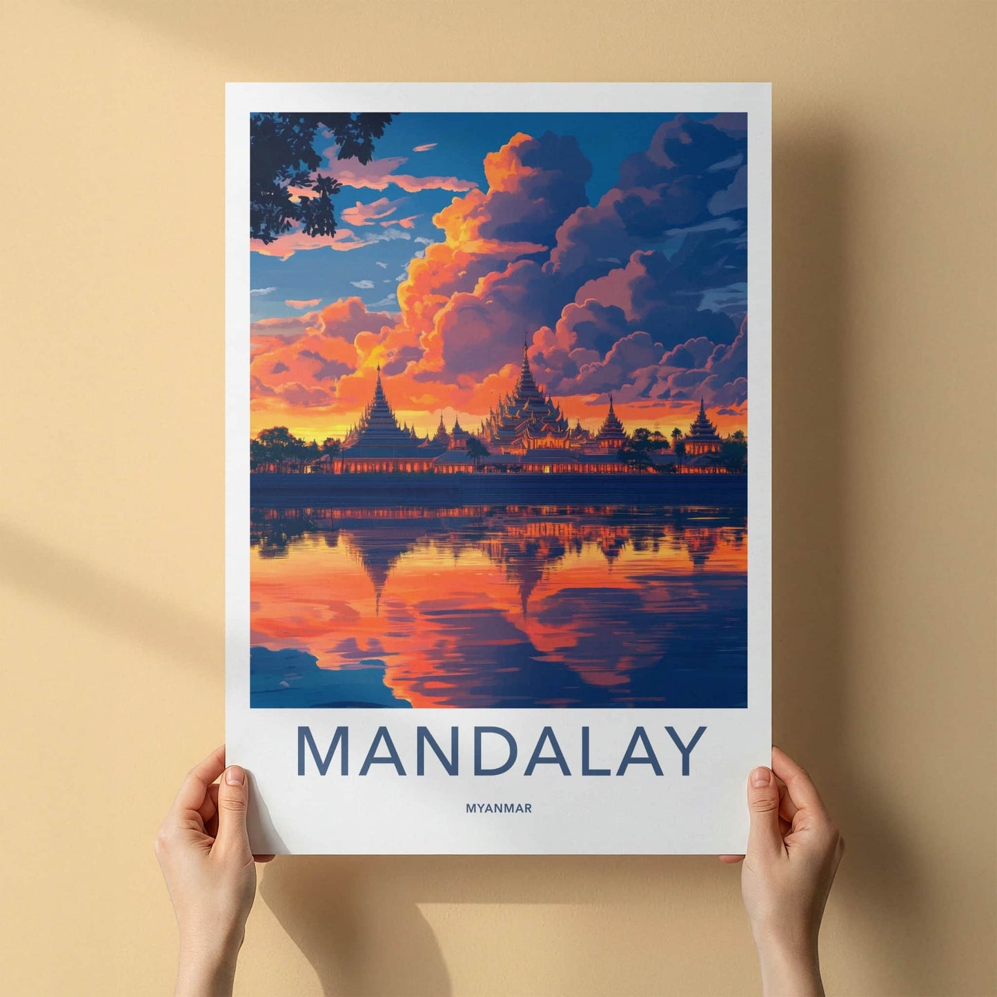 Mandalay Poster - Myanmar Travel Art - Golden Pagoda Reflection Home Decor