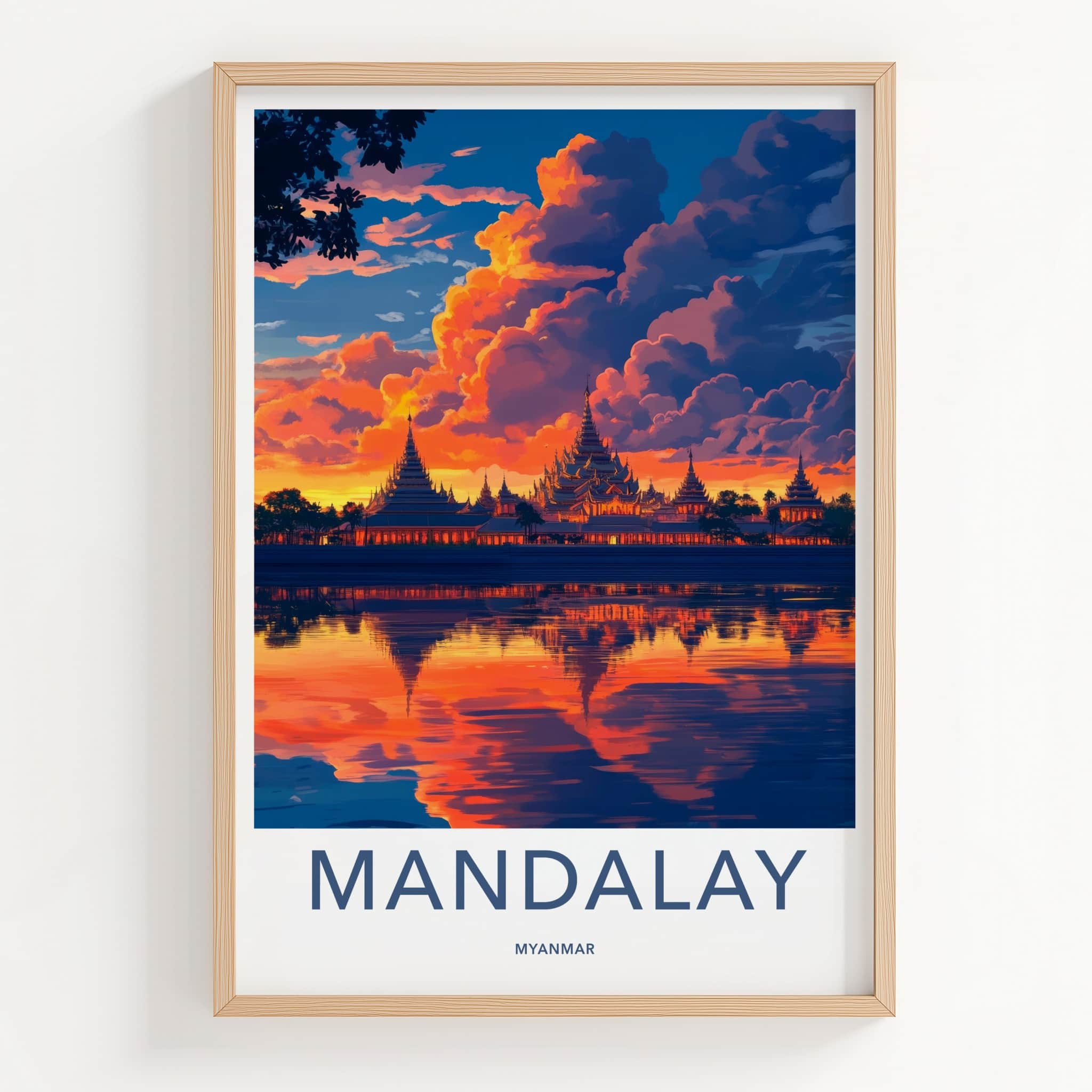 Mandalay Poster - Myanmar Travel Art - Golden Pagoda Reflection Home Decor