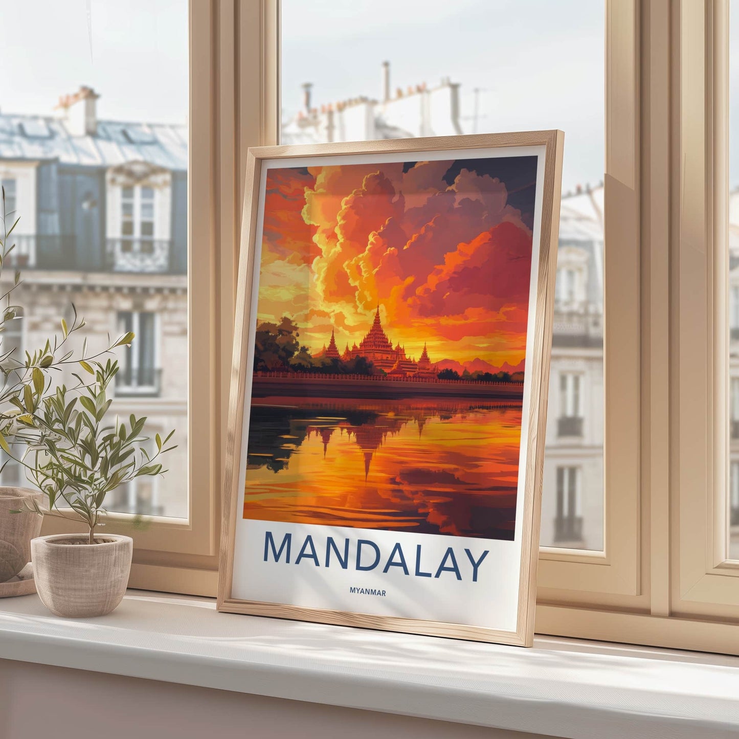 Mandalay Poster - Myanmar Travel Art - Golden Temple Sunset Wall Decor