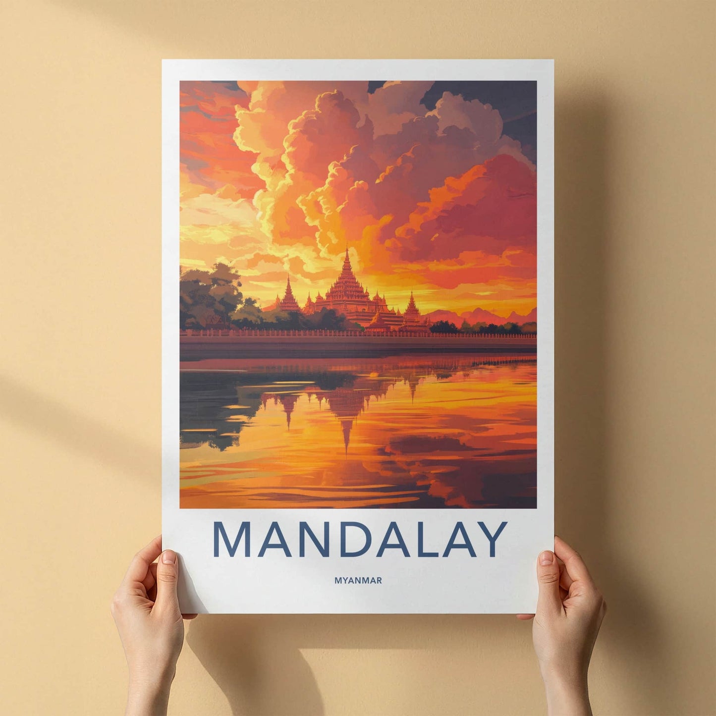 Mandalay Poster - Myanmar Travel Art - Golden Temple Sunset Wall Decor