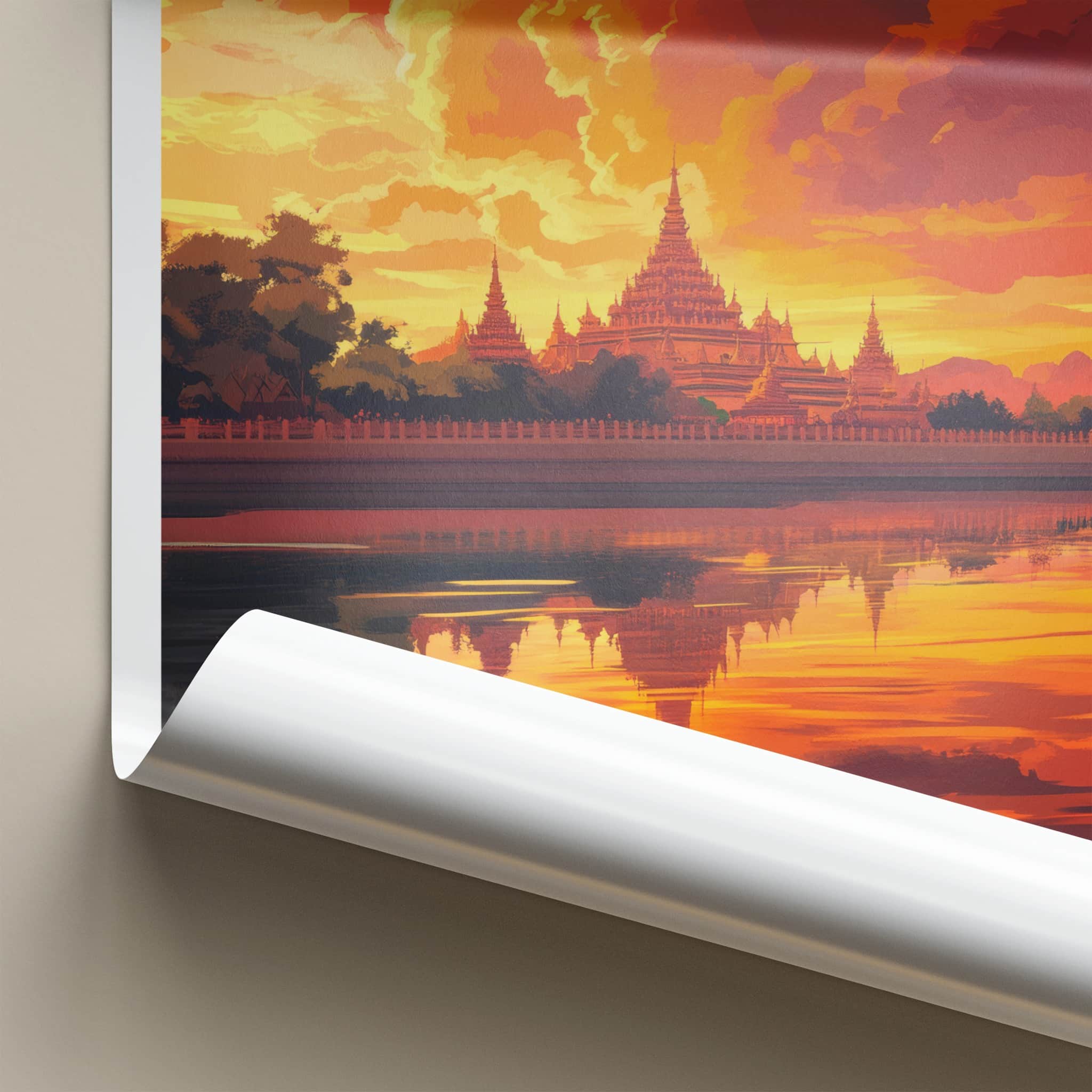 Mandalay Poster - Myanmar Travel Art - Golden Temple Sunset Wall Decor