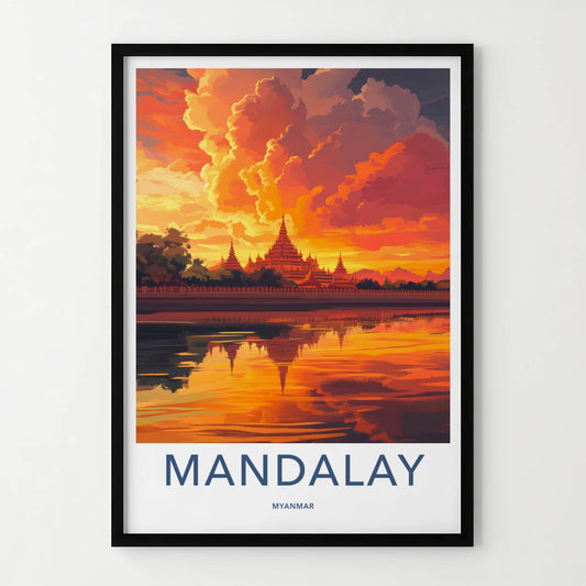 Mandalay Poster - Myanmar Travel Art - Golden Temple Sunset Wall Decor