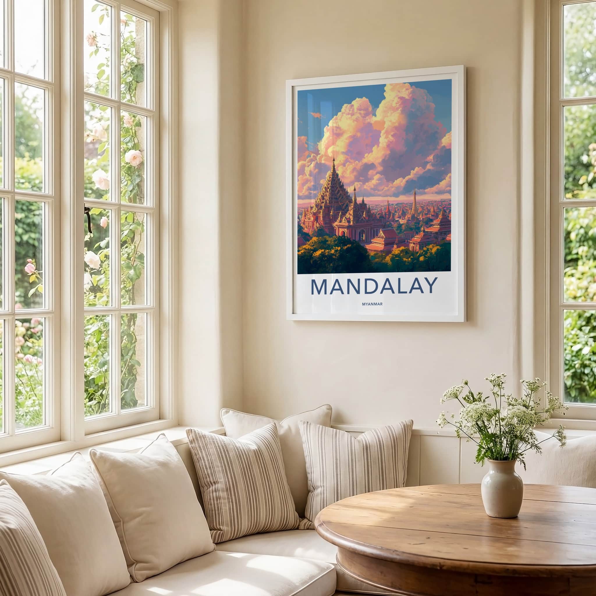 Mandalay Poster - Myanmar Travel Art - Ornate Pagoda Sunset Home Decor