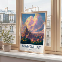 Mandalay Poster - Myanmar Travel Art - Ornate Pagoda Sunset Home Decor