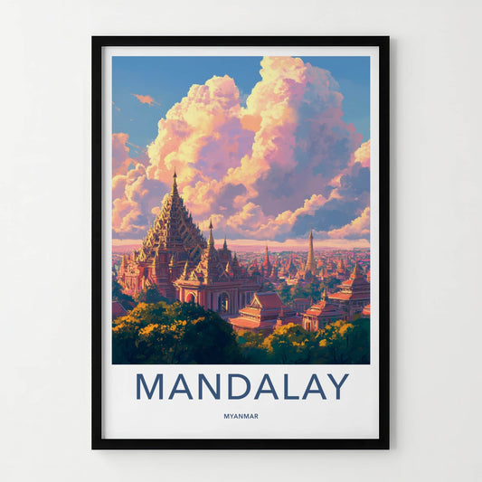 Mandalay Poster - Myanmar Travel Art - Ornate Pagoda Sunset Home Decor