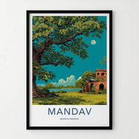 Mandav Poster - India Art Print - Madhya Pradesh Moonlit Ruins Lake Home Decor
