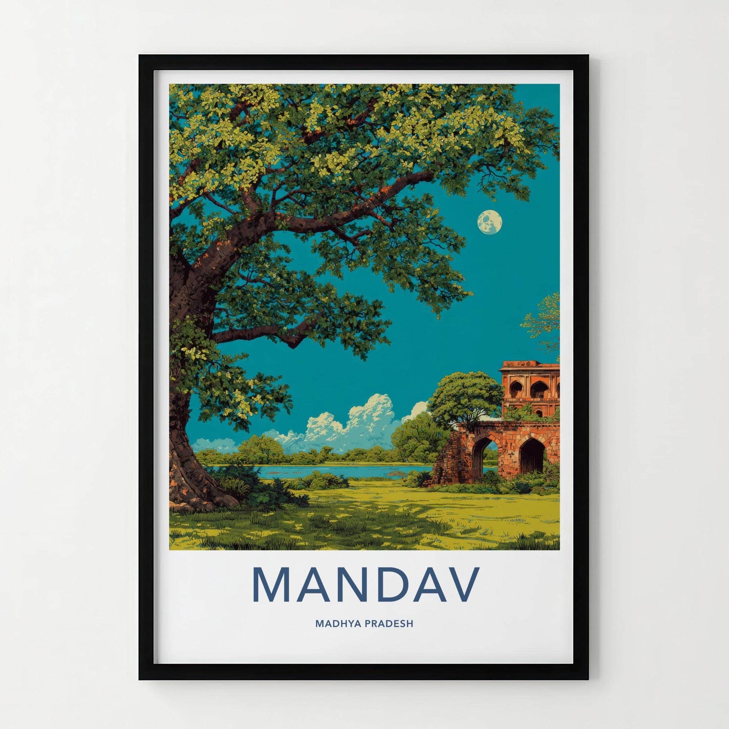 Mandav Poster - India Art Print - Madhya Pradesh Moonlit Ruins Lake Home Decor