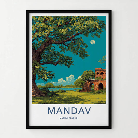 Mandav Poster - India Art Print - Madhya Pradesh Moonlit Ruins Lake Home Decor