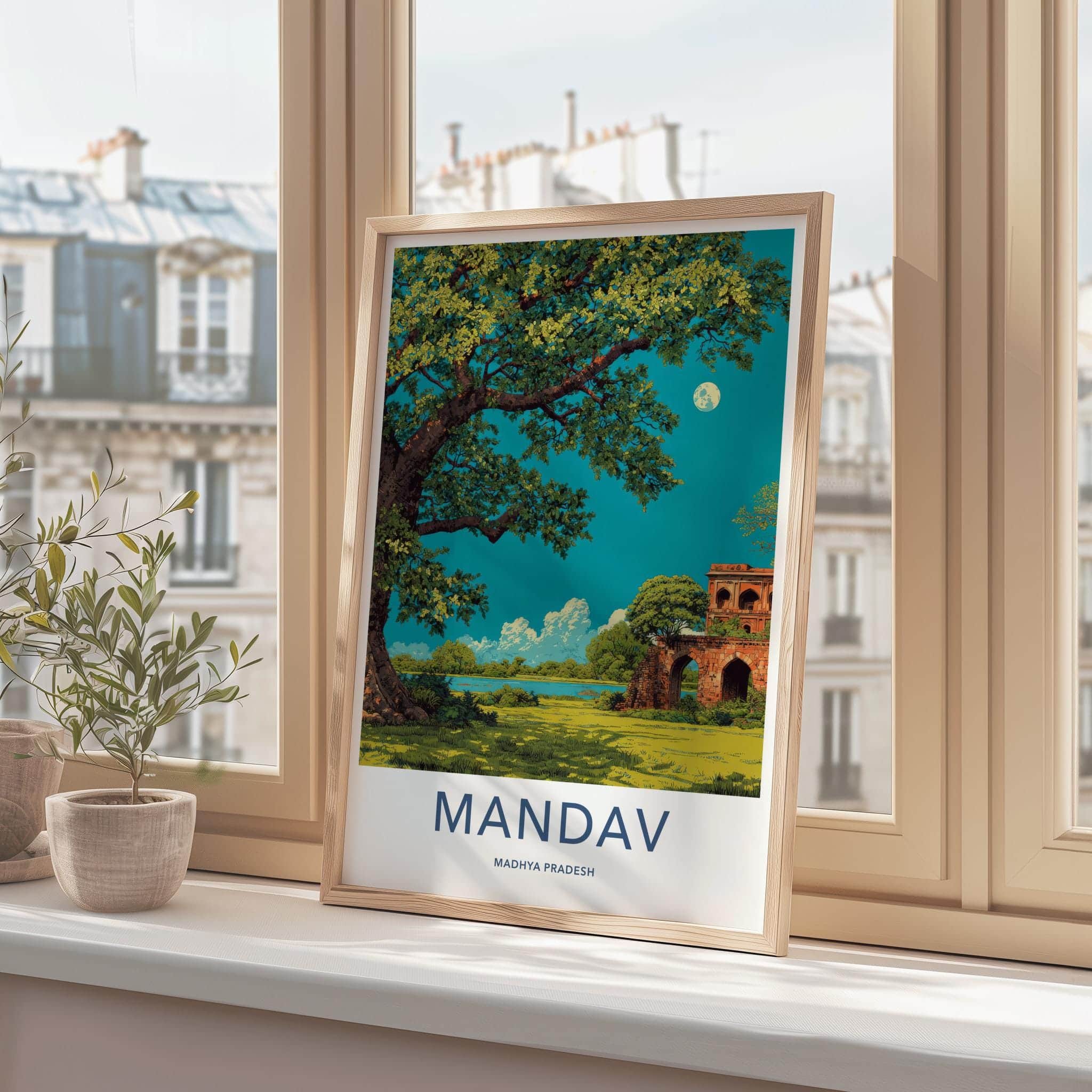 Mandav Poster - India Art Print - Madhya Pradesh Moonlit Ruins Lake Home Decor